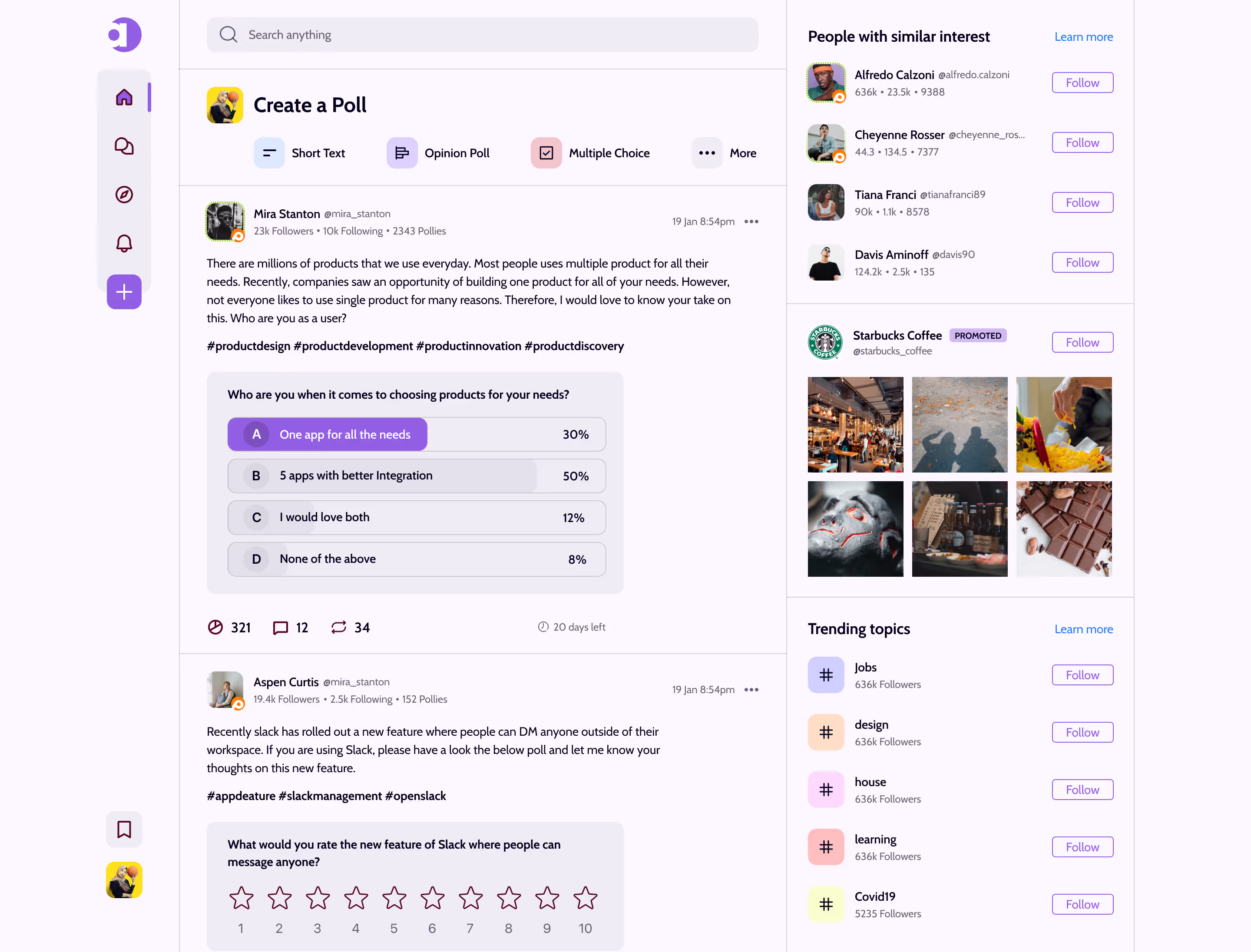 Affy poll composer with live results beside trending topics and suggested people