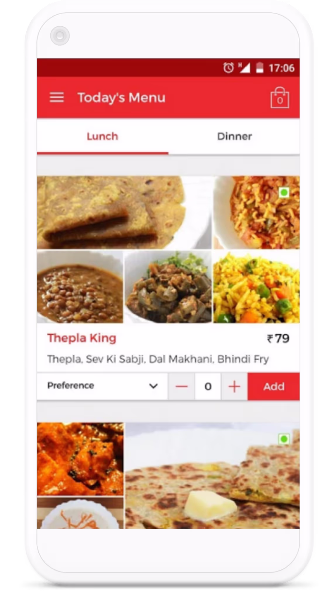 PocketChef today's menu with lunch dishes and an add-to-order control