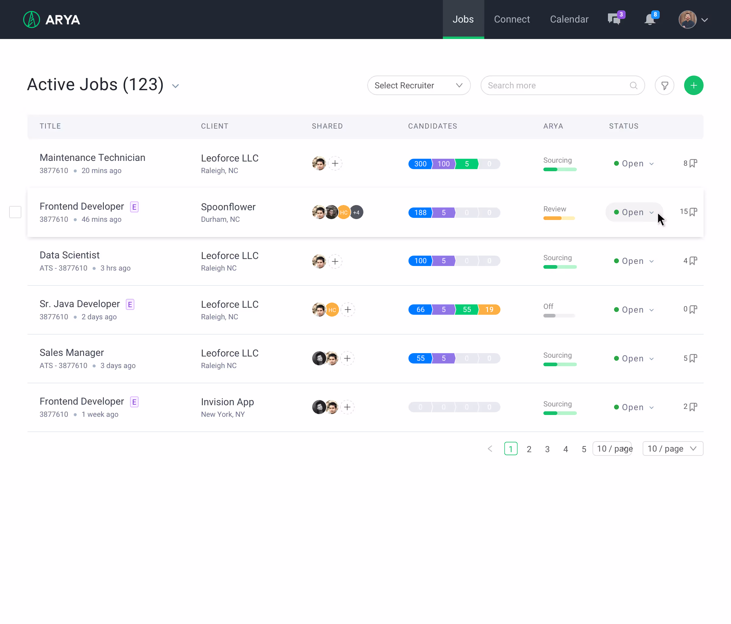 Arya Quantum active jobs list with sourcing status for each open role