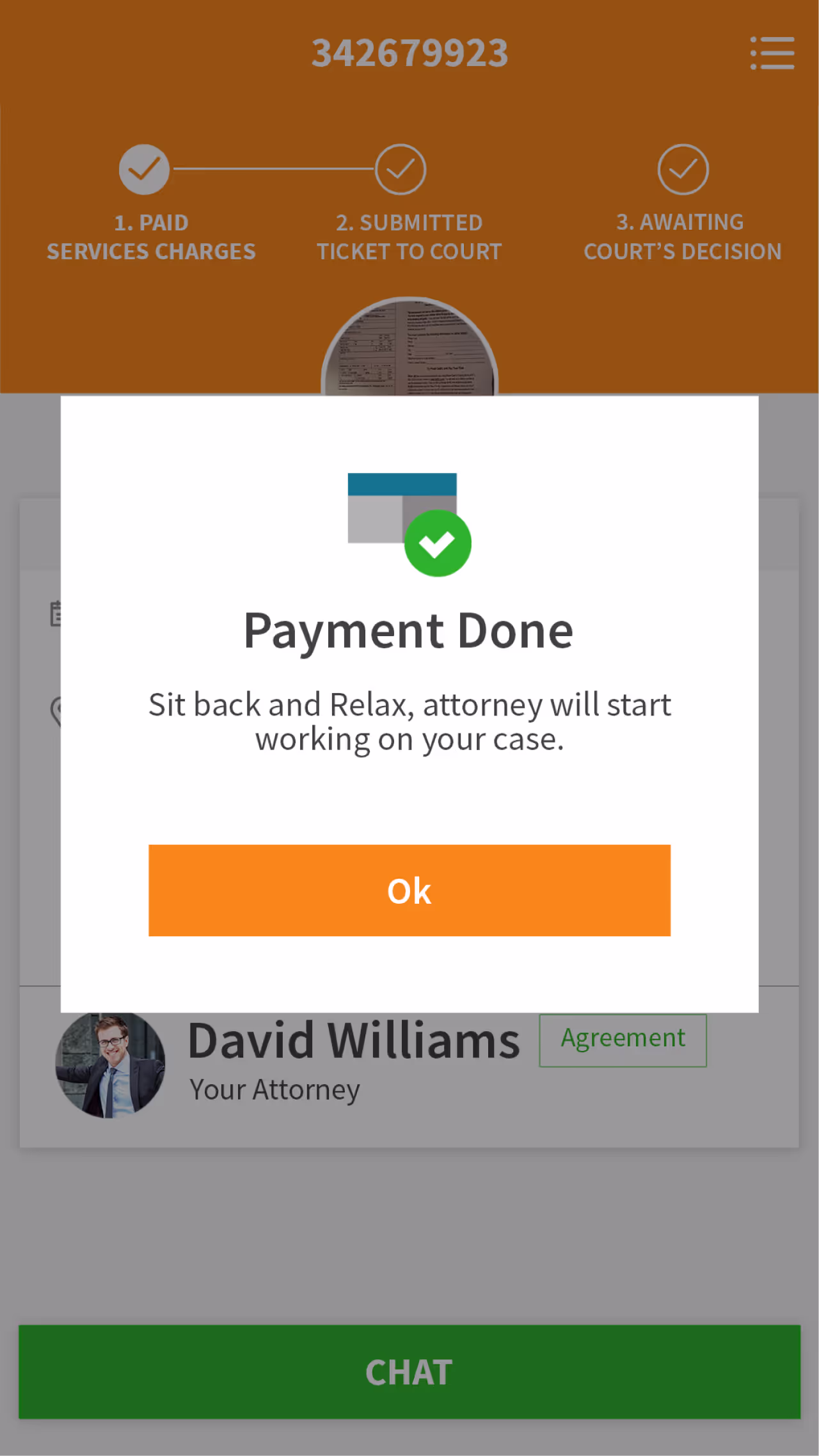ResQyou payment confirmation telling the driver their attorney is starting work