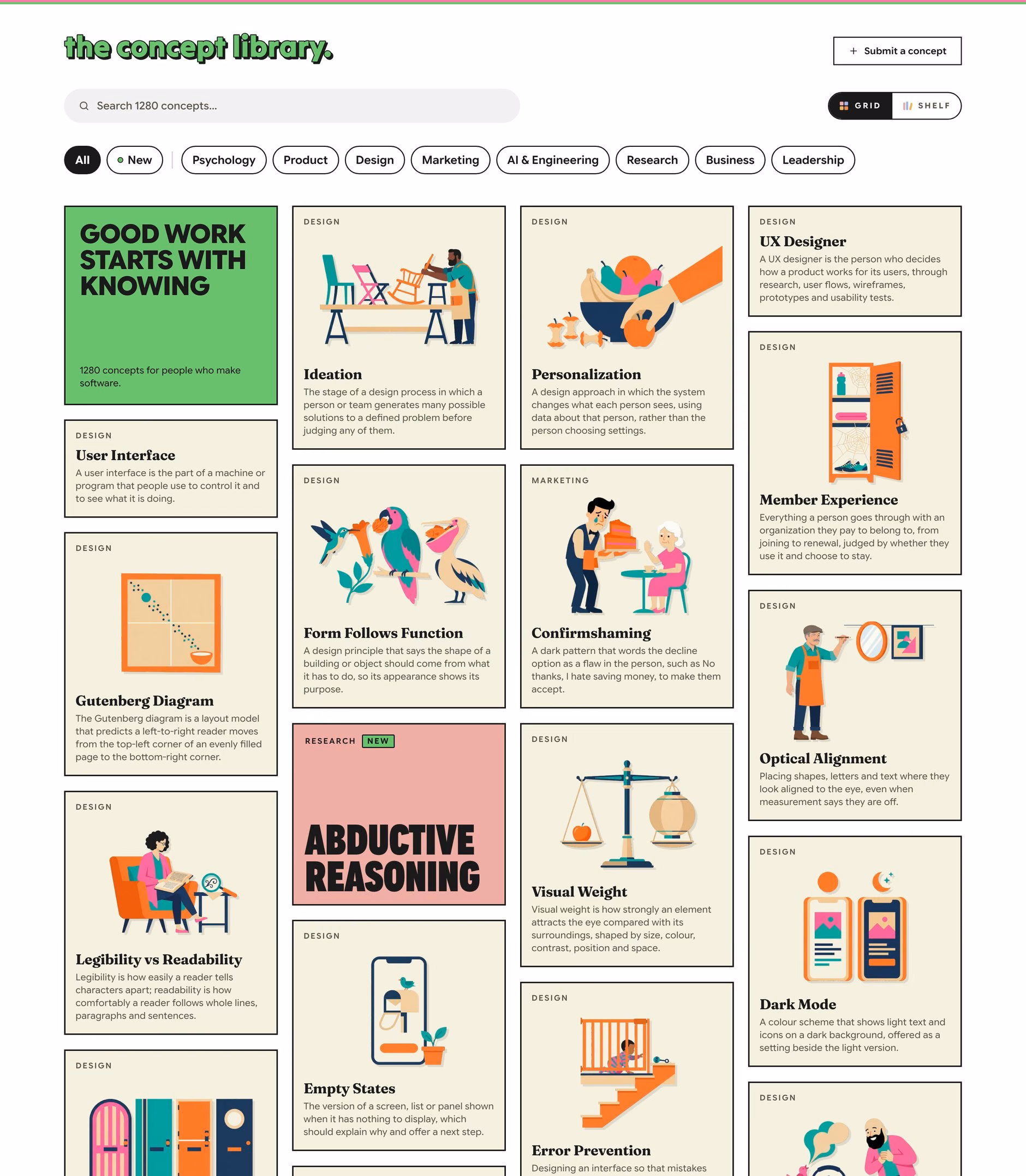 The home page's masonry wall of illustrated poster cards, with a type-only Abductive Reasoning poster breaking the run