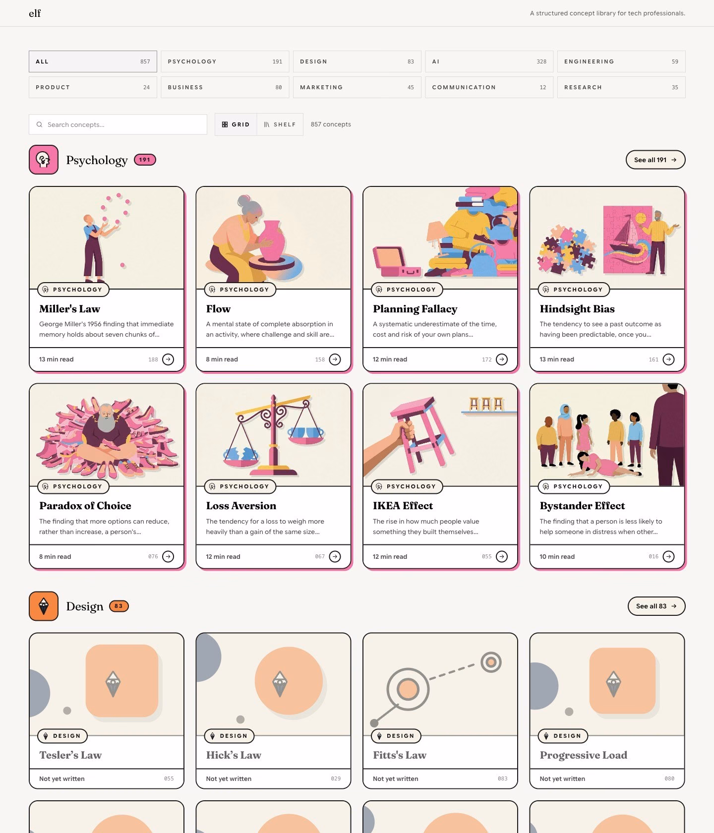 An early home page design with same-size cards in one row per category