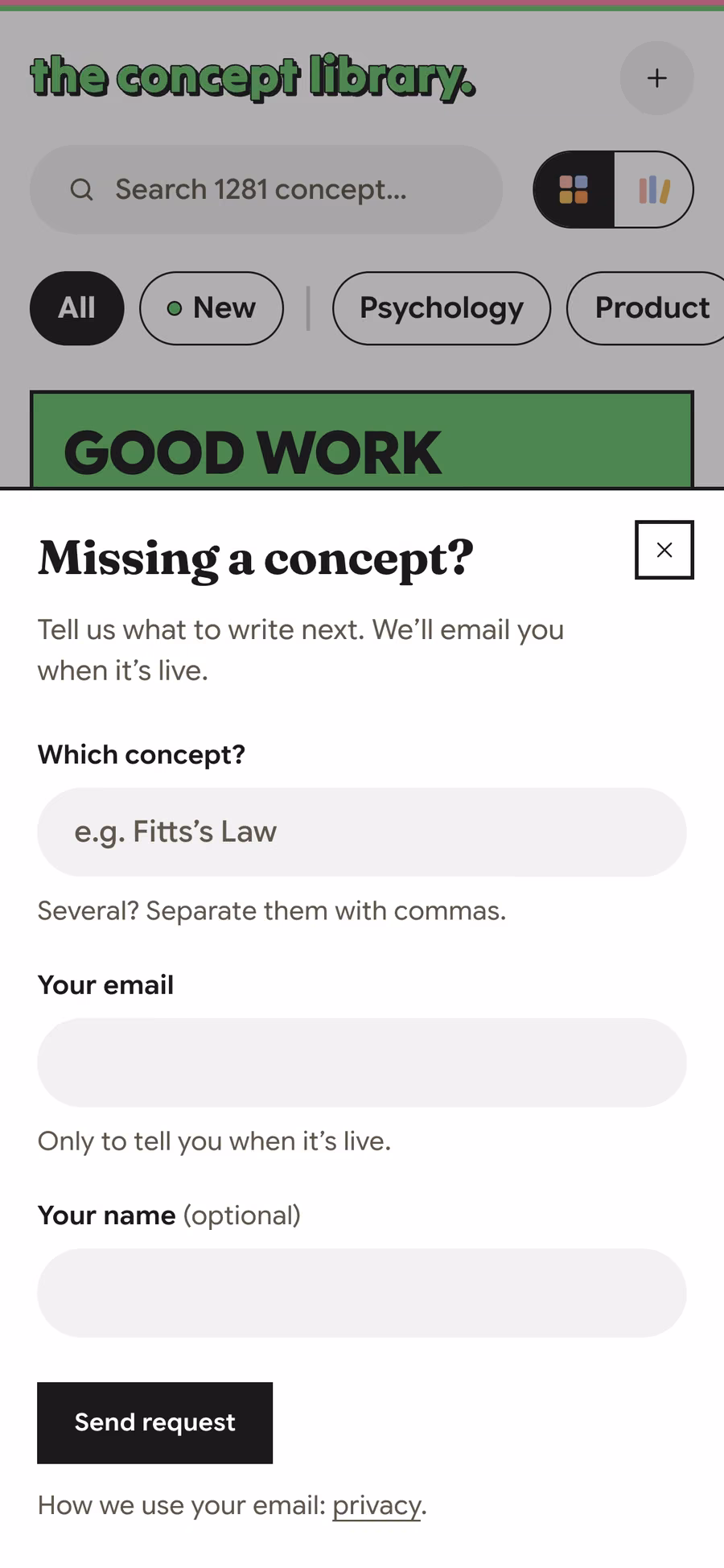 The Submit a concept form on a phone, asking which concept is missing and an email to hear when it goes live