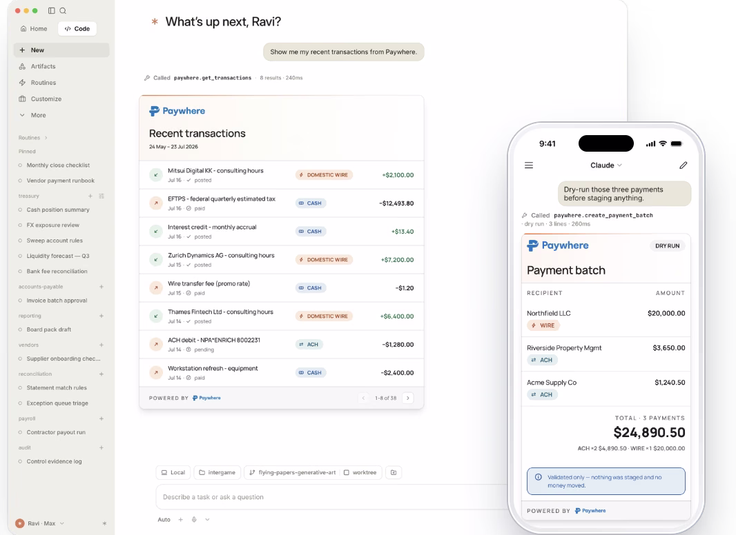 Paywhere's recent-transactions card rendered inside Claude